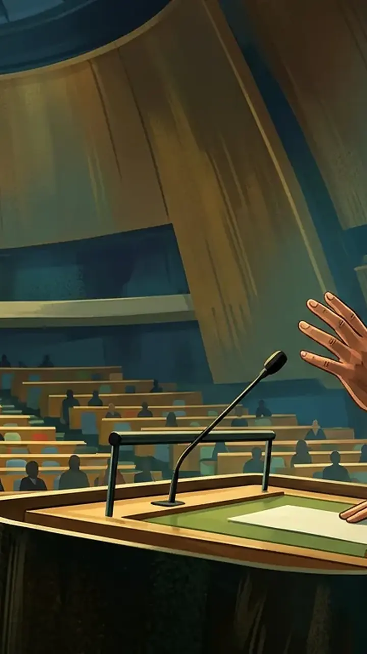 Animated editorial illustration for: Shehbaz Sharif Warns India at UNGA: Diverting Water Will Be Considered Act of War