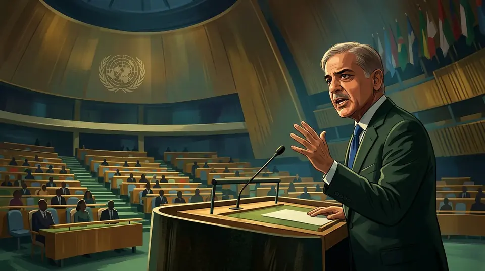 Animated editorial illustration for: PM Shehbaz warns India against diverting water, calls it ‘act of war’ at UNGA