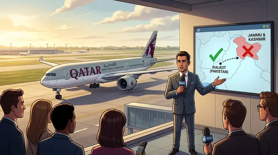 Animated editorial illustration for: Sialkot Airport Denies Qatar Airways Flight Landed in Occupied Kashmir