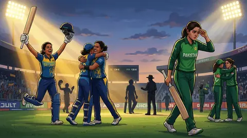 Animated editorial illustration for: Sri Lanka knocks Pakistan out of Women’s Asia Cup in semi-final