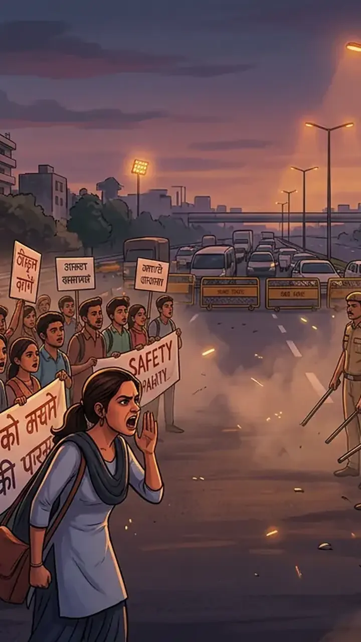 Animated editorial illustration for: Student protests erupt in Jalandhar over alleged sexual assault