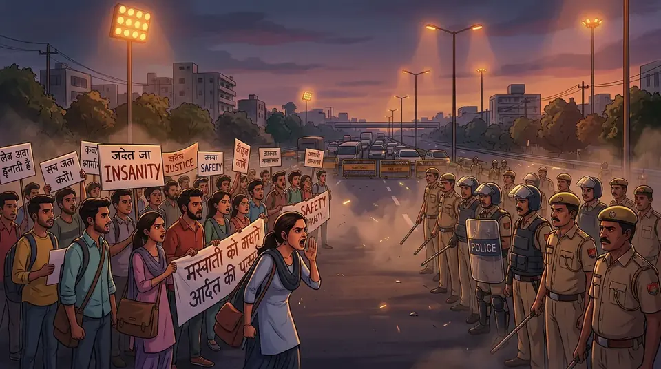 Animated editorial illustration for: Student protests erupt in Jalandhar over alleged sexual assault