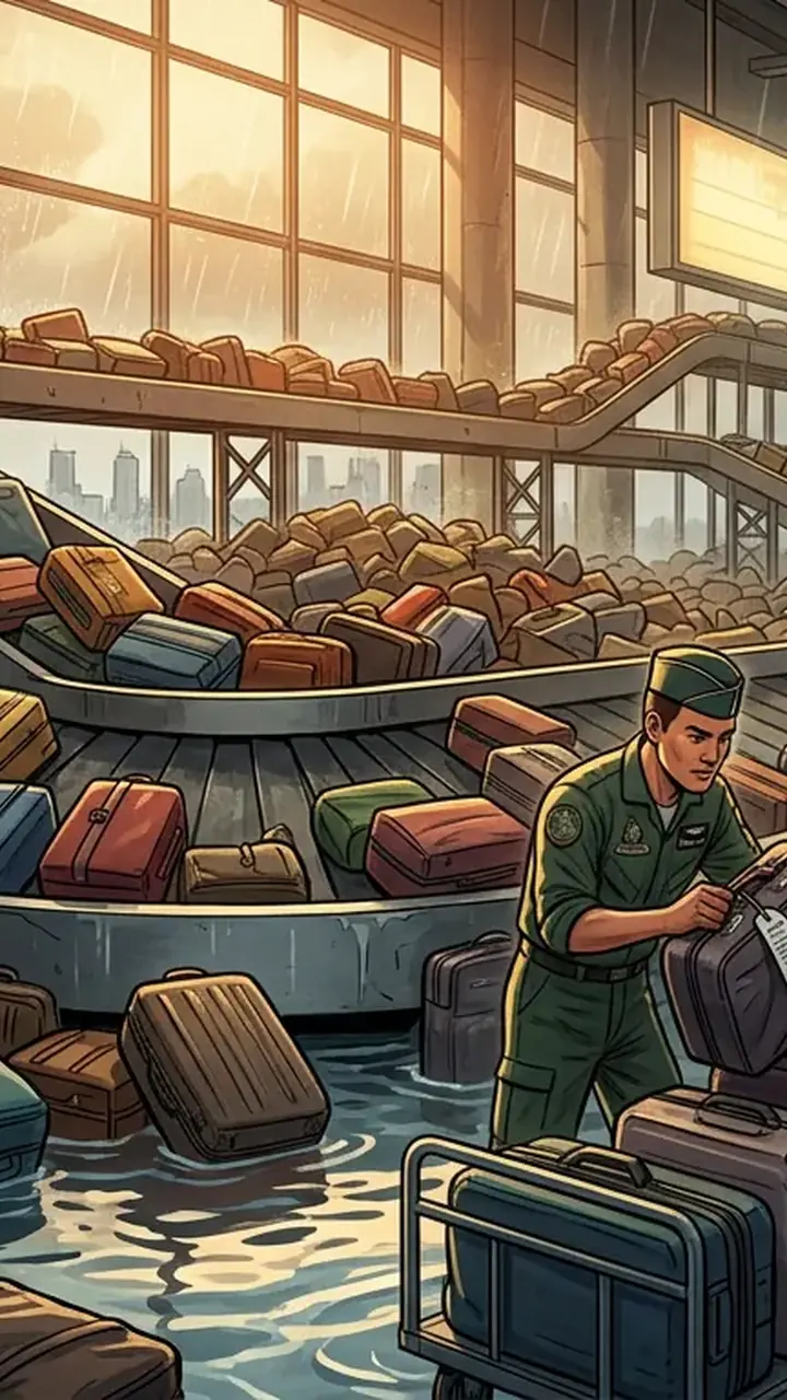 Animated editorial illustration for: Thai Airways to clear 5,000 stranded bags at Bangkok airport