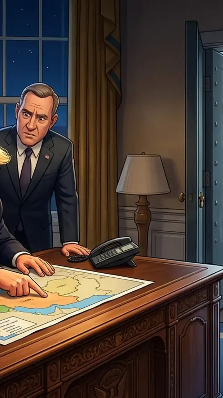 Animated editorial illustration for: Trump administration reportedly considering an end to Iran conflict