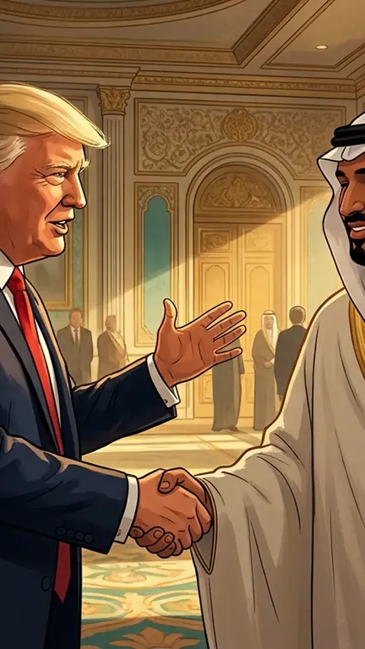 Animated editorial illustration for: Trump calls Saudi Arabia and its Crown Prince ‘good friends’ of US