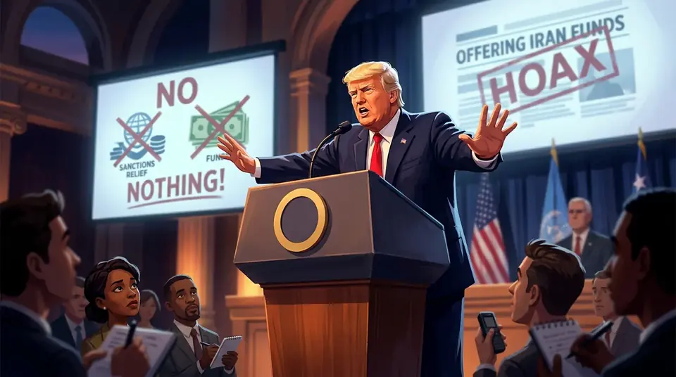Animated editorial illustration for: Trump Denies Report of Offering Sanctions Relief to Iran