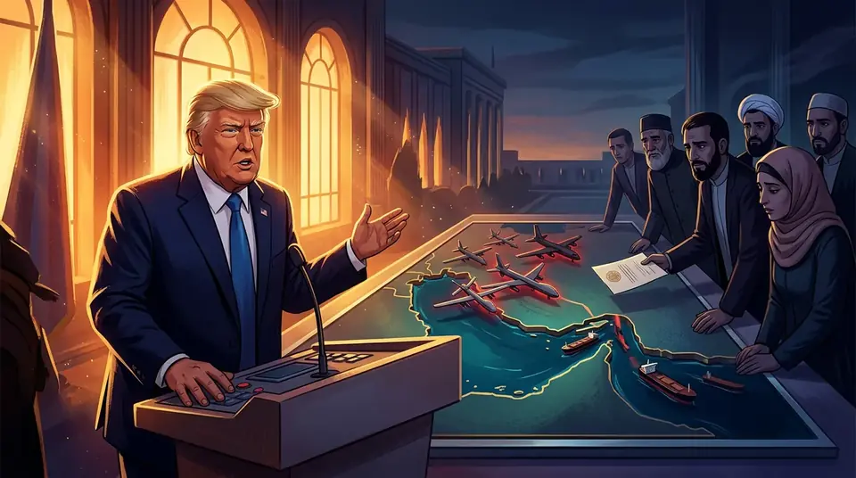 Animated editorial illustration for: Iranian President: Trump will keep dreaming of destroying Iran
