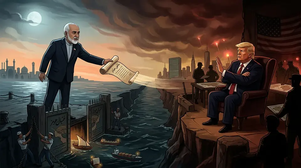 Animated editorial illustration for: Iran awaits official US response after Trump reportedly rejects ceasefire plan