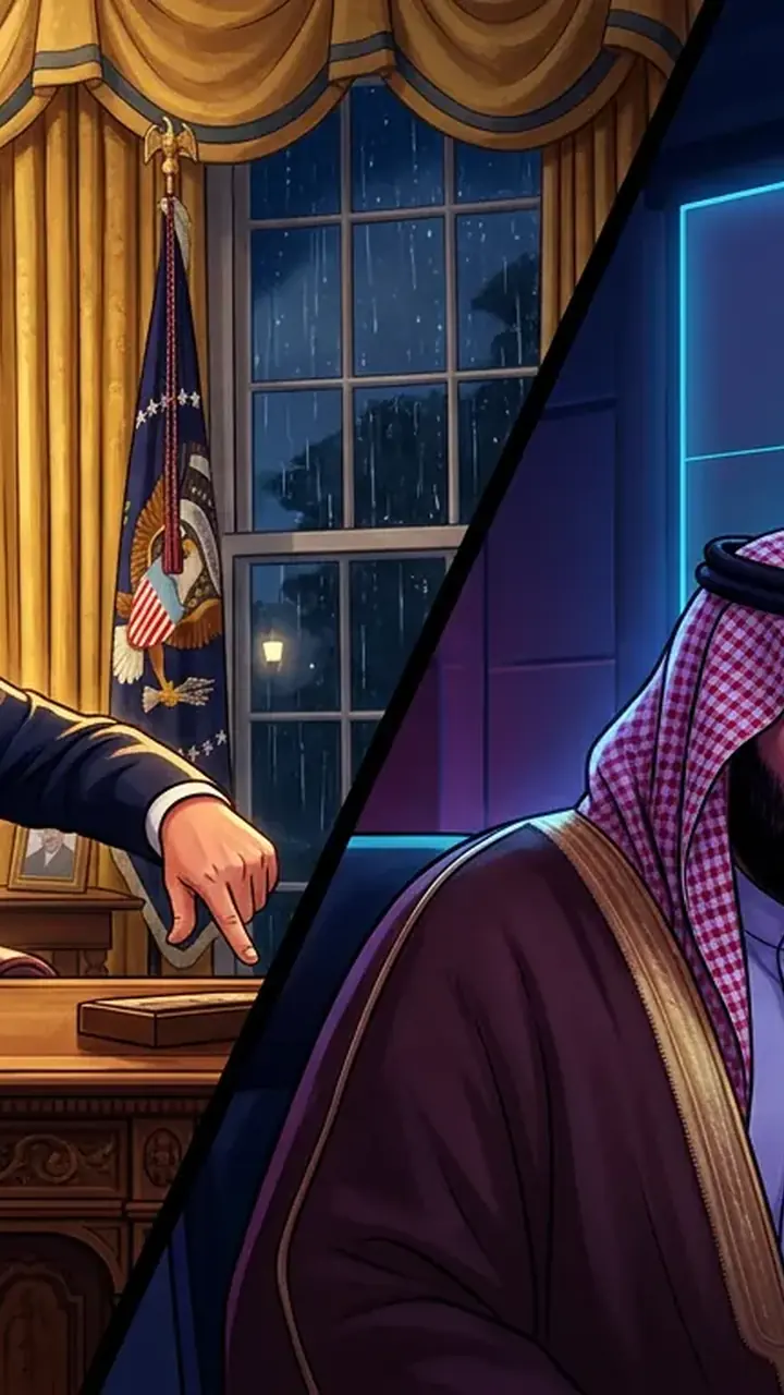 Animated editorial illustration for: Trump rejects Saudi call for strikes on Houthis after pipeline attack