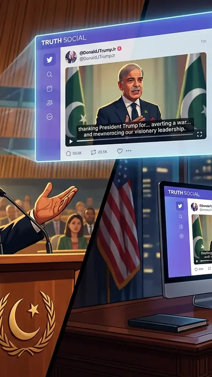 Animated editorial illustration for: Trump endorses PM Shehbaz’s stance on averting war with India