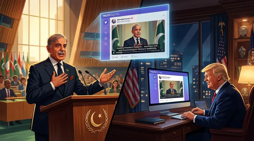 Animated editorial illustration for: Trump Shares Clip of PM Shehbaz Thanking Him for Averting War