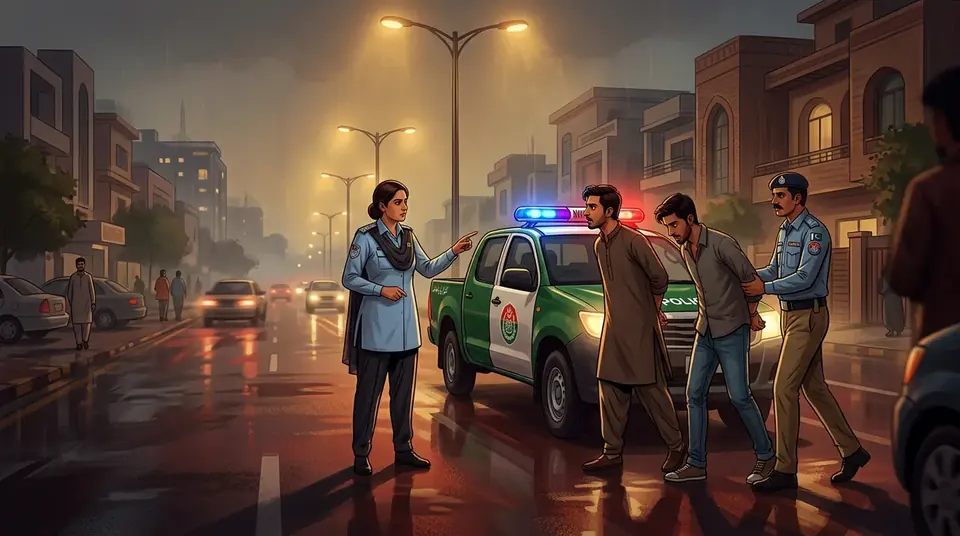 Animated editorial illustration for: Two arrested in Lahore for harassing female official