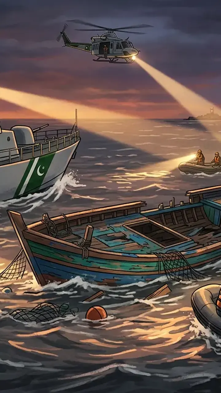 Animated editorial illustration for: Two bodies recovered after fishing boat capsizes off Karachi coast