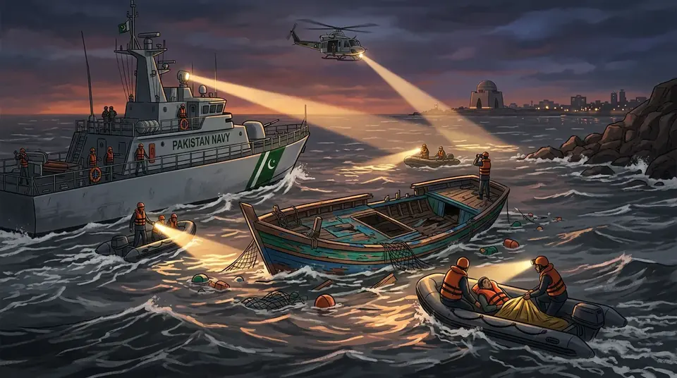 Animated editorial illustration for: Third Missing Fisherman’s Body Recovered After Karachi Boat Accident