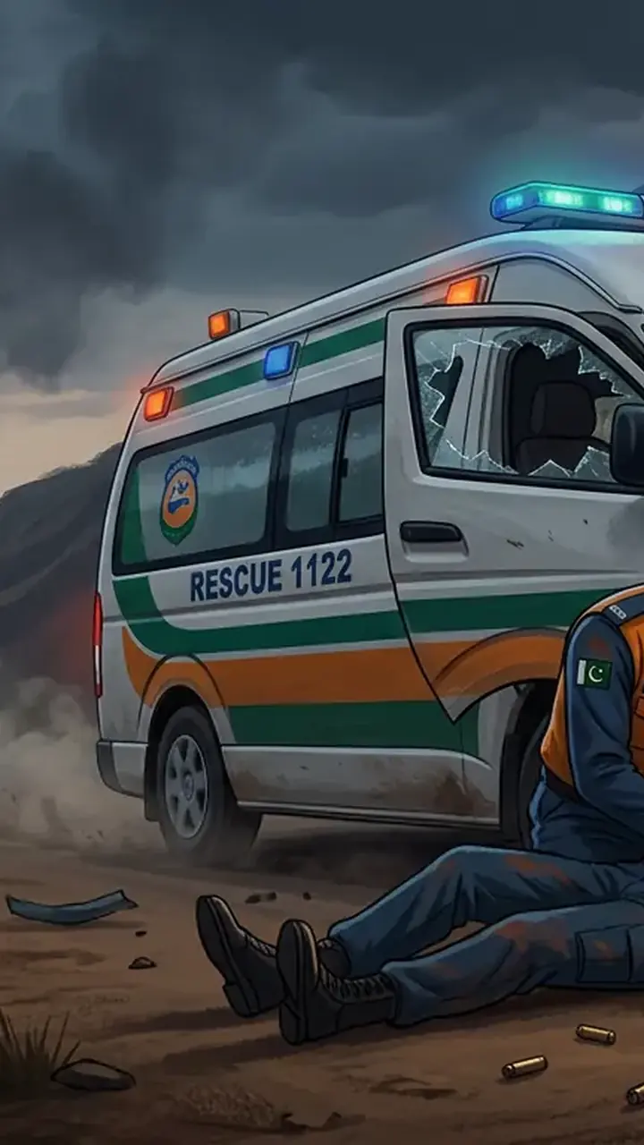 Animated editorial illustration for: Two Rescue Officials Martyred in Attack on Ambulance in D.I. Khan