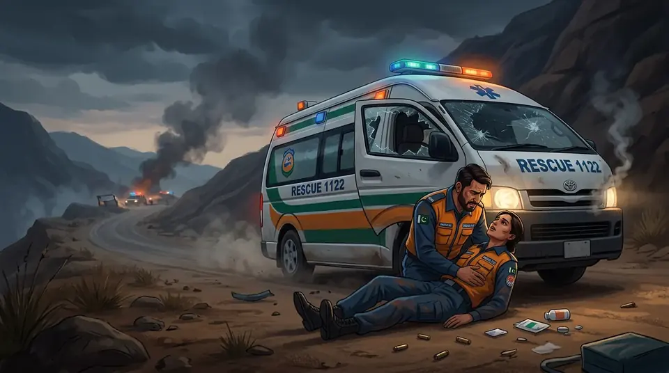 Animated editorial illustration for: Two Rescue Officials Martyred in Attack on Ambulance in D.I. Khan