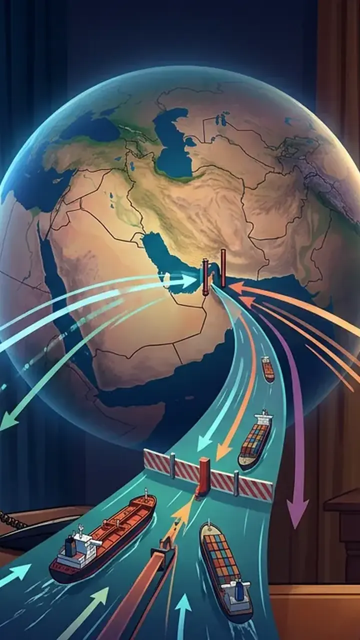 Animated editorial illustration for: UK PM Andy Burnham Urges President Trump to Reopen Strait of Hormuz