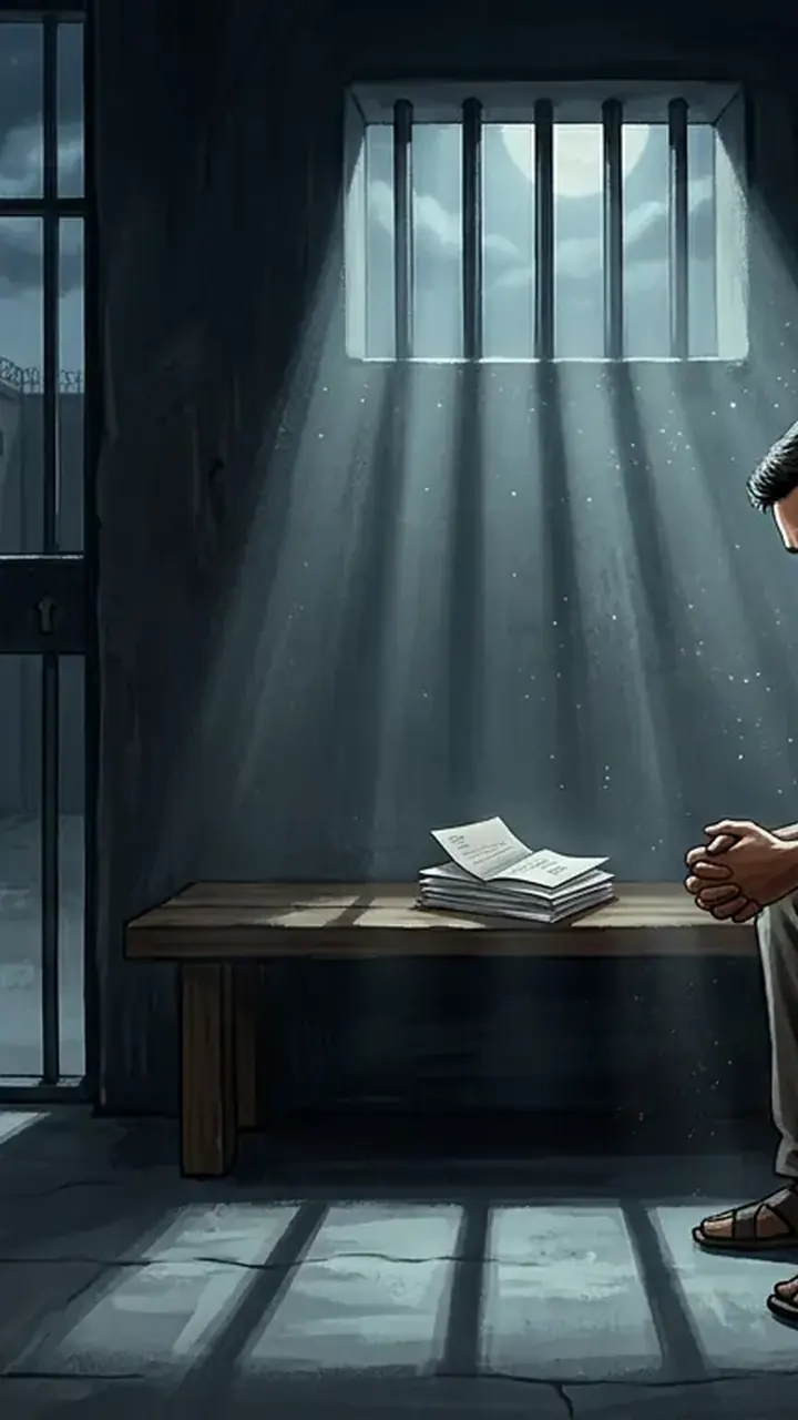 Animated editorial illustration for: Umar Khalid Completes Six Years in Jail Without Trial in India