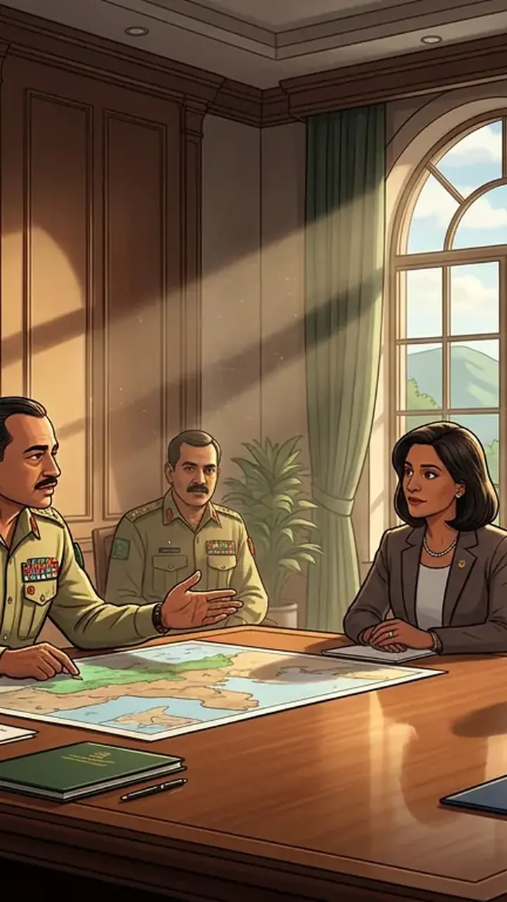 Animated editorial illustration for: US Afghan War Commission acknowledges Pakistan’s role in meeting with CDF Munir