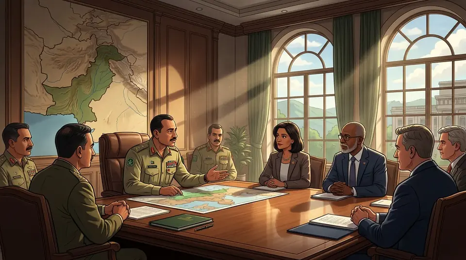 Animated editorial illustration for: US Afghan War Commission acknowledges Pakistan’s role in meeting with CDF Munir