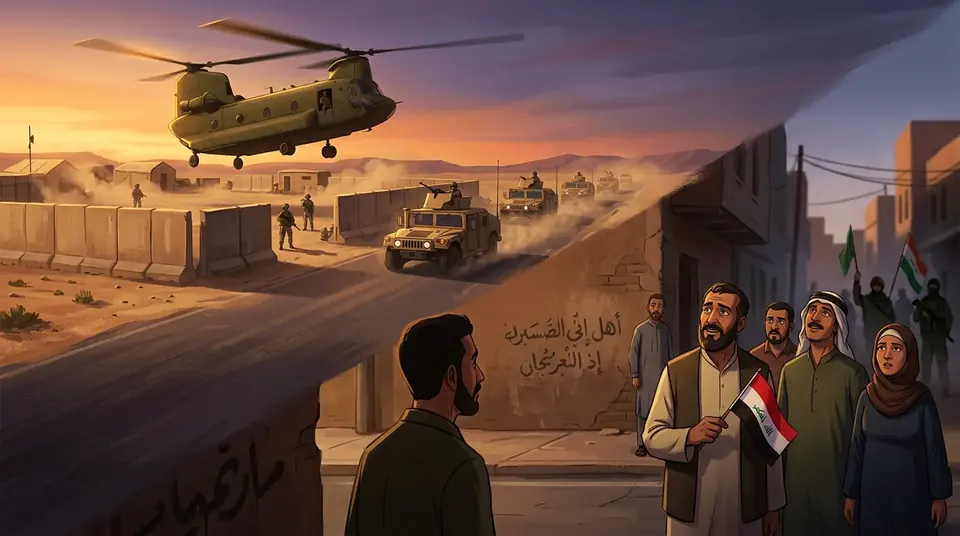 Animated editorial illustration for: US completes military withdrawal from Iraq after two decades