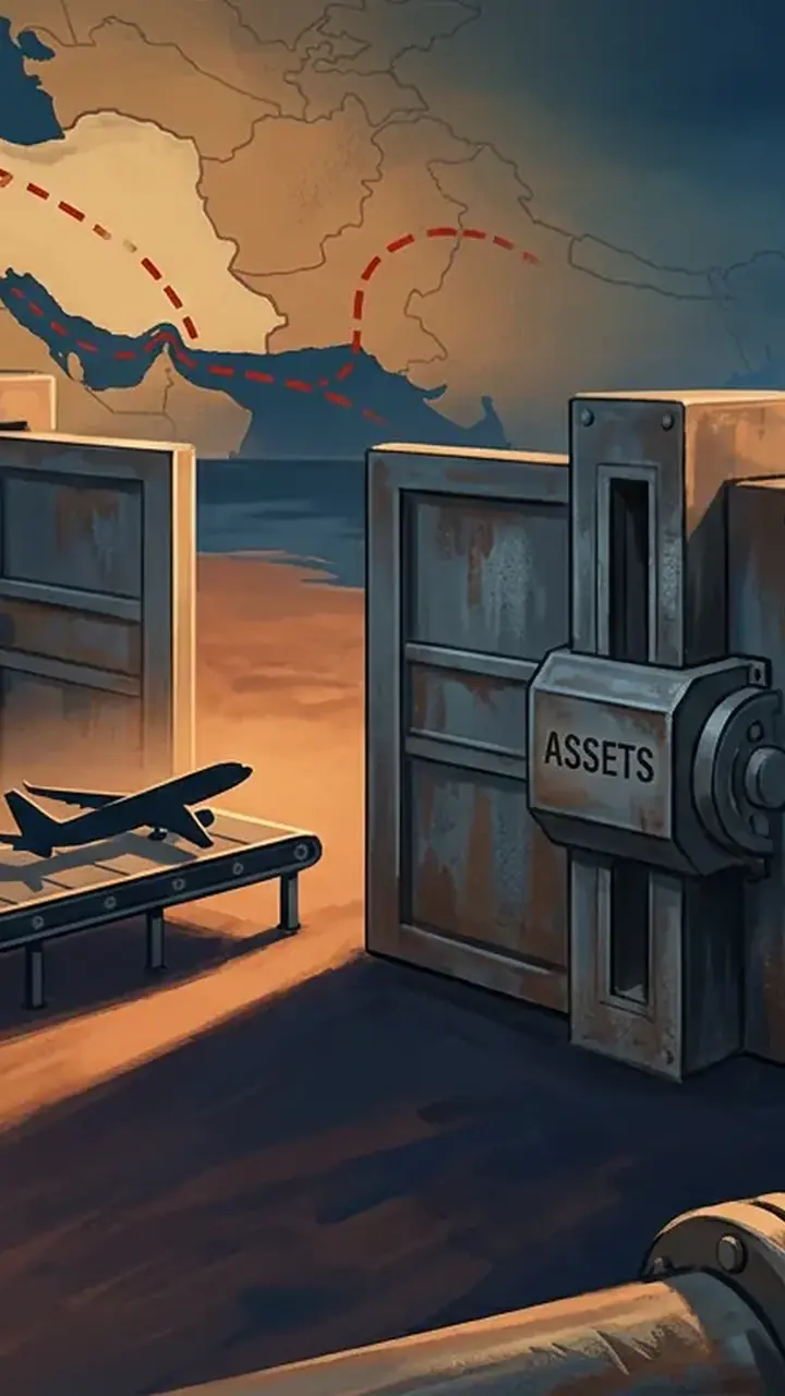 Animated editorial illustration for: US imposes new sanctions on dozens of Iranian entities