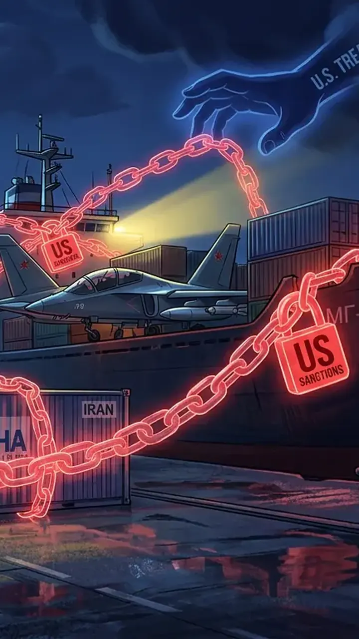 Animated editorial illustration for: US sanctions Iranian and Russian entities over alleged arms transfers