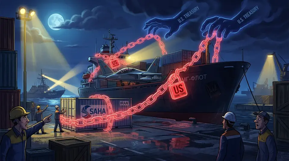 Animated editorial illustration for: US sanctions Iranian and Russian entities over alleged arms transfers