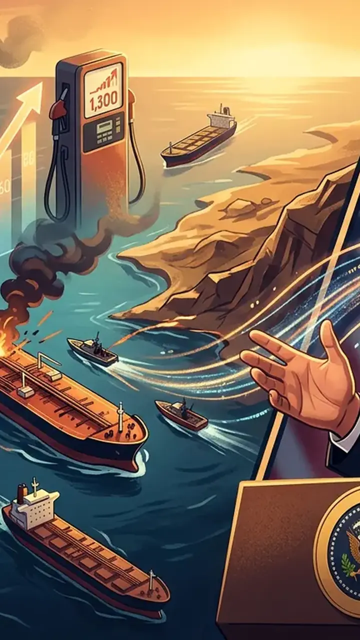 Animated editorial illustration for: US Vice President JD Vance Blames Iran for Rising Petrol Prices