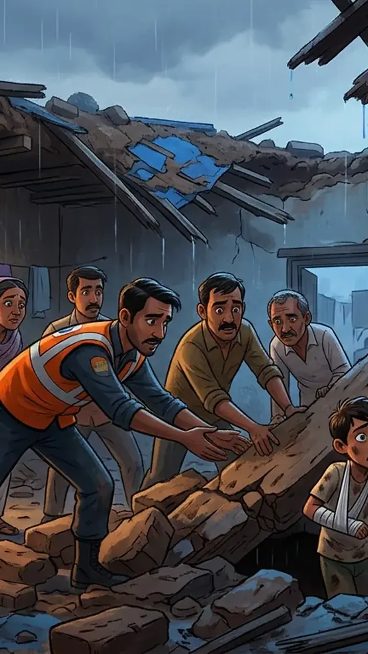 Animated editorial illustration for: Woman Killed, Three Injured in Toba Tek Singh Roof Collapse