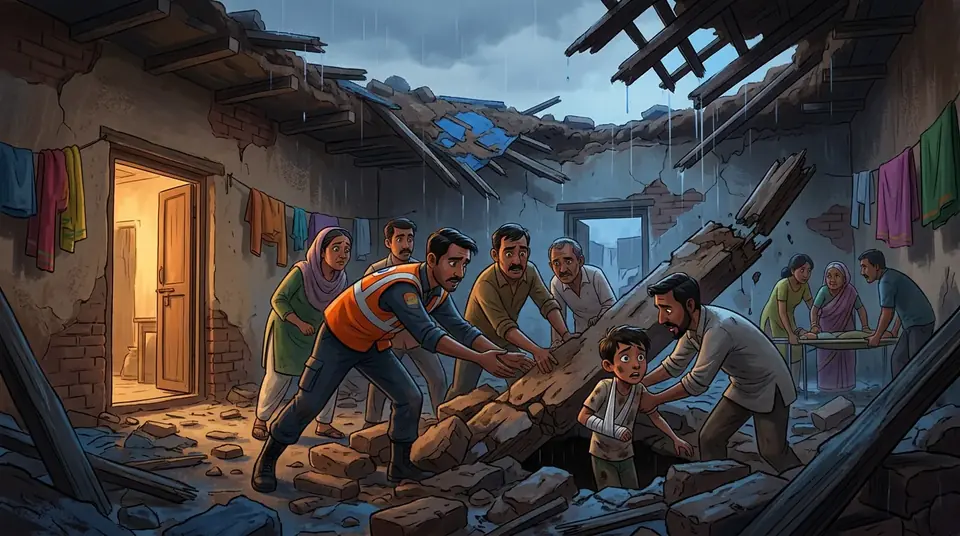 Animated editorial illustration for: Woman Killed, Three Injured in Toba Tek Singh Roof Collapse