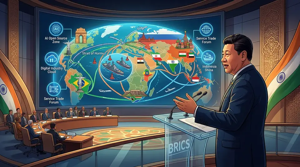 Animated editorial illustration for: Xi Jinping urges BRICS to ensure stable supply chains, deepen cooperation