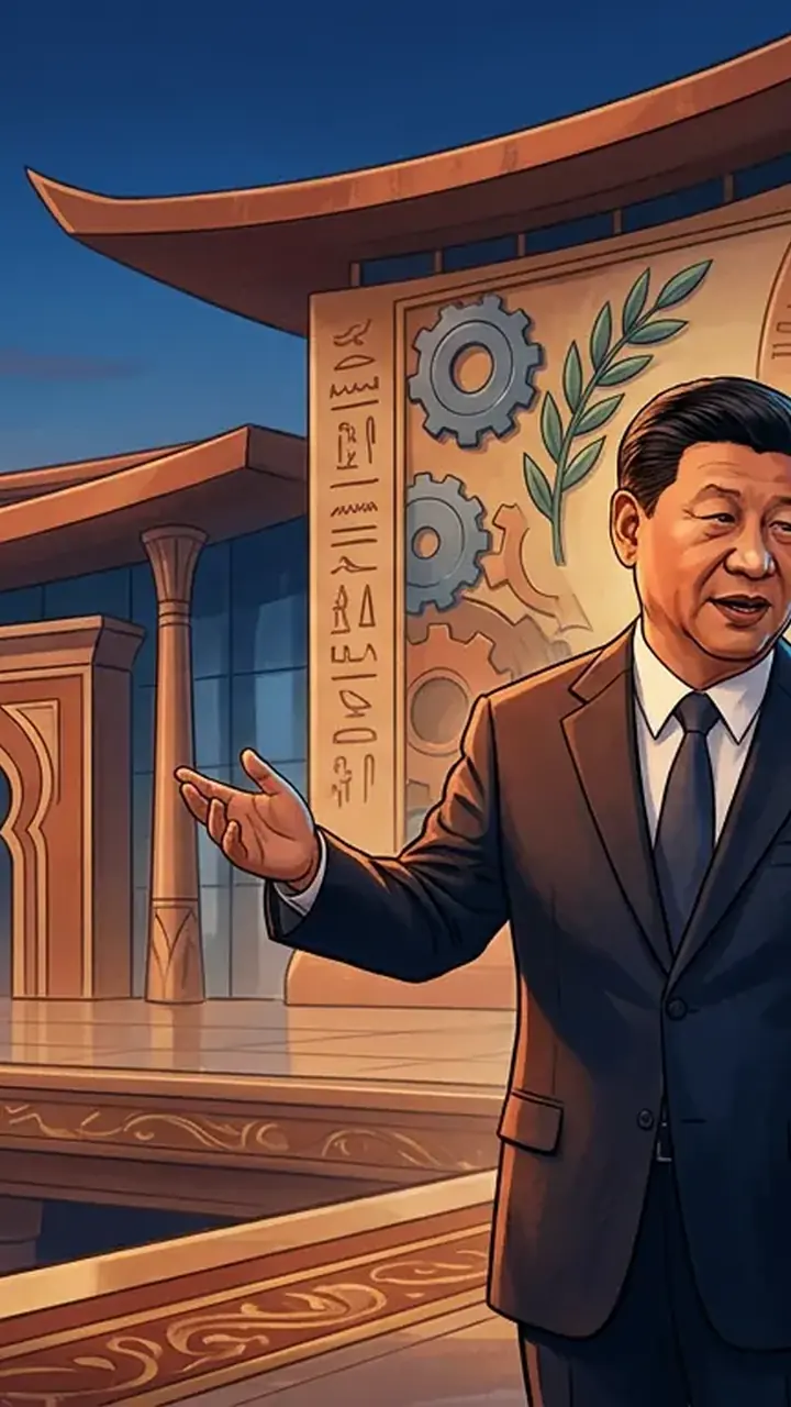 Animated editorial illustration for: Xi urges new Middle East security framework during Egypt visit