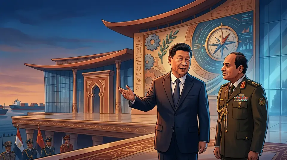 Animated editorial illustration for: Xi urges new Middle East security framework during Egypt visit