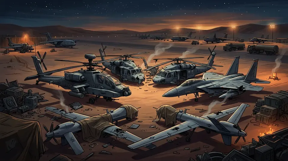 Animated editorial illustration for: US Aircraft Losses Reportedly Include F-35 and A-10 Jets