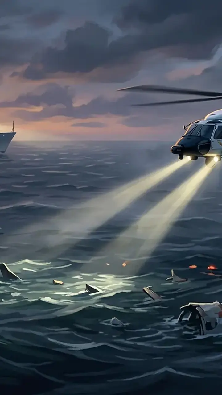 Animated editorial illustration for: Severe Weather Reported as Search Continues for 6 in Air Ambulance Crash
