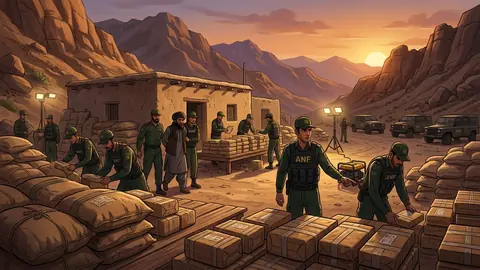 Animated editorial illustration for: ANF Seizes Narcotics Worth Rs 560 Million in Balochistan Raid