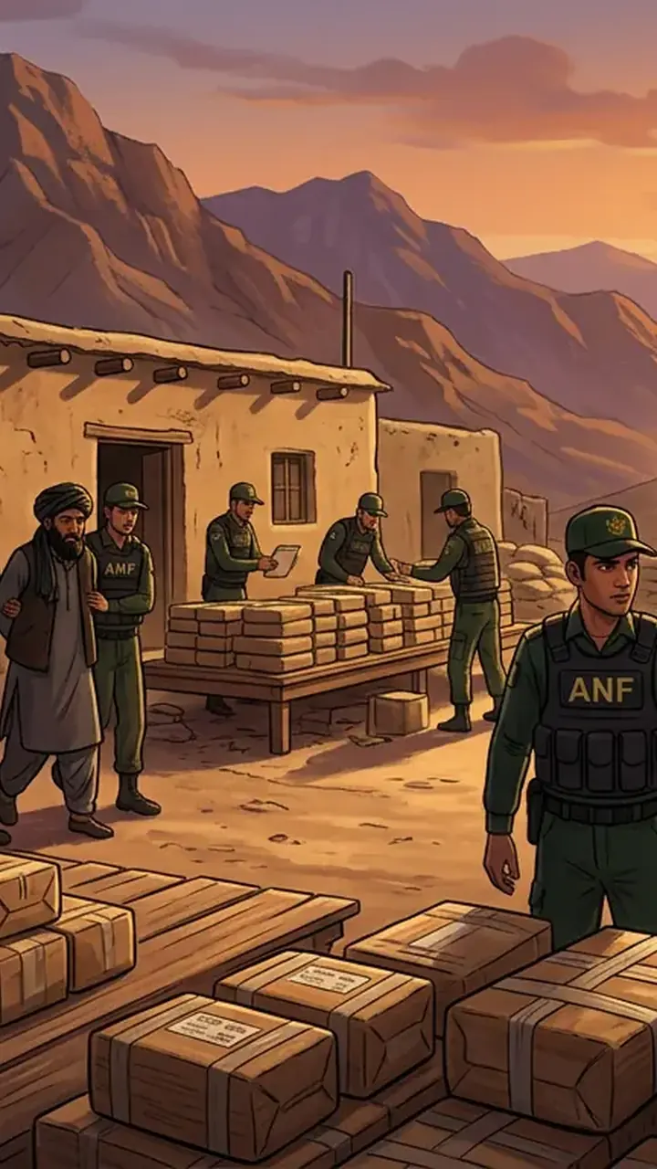 Animated editorial illustration for: ANF Seizes Narcotics Worth Rs 560 Million in Balochistan Raid