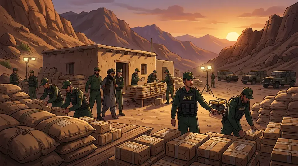 Animated editorial illustration for: ANF Seizes Narcotics Worth Rs 560 Million in Balochistan Raid