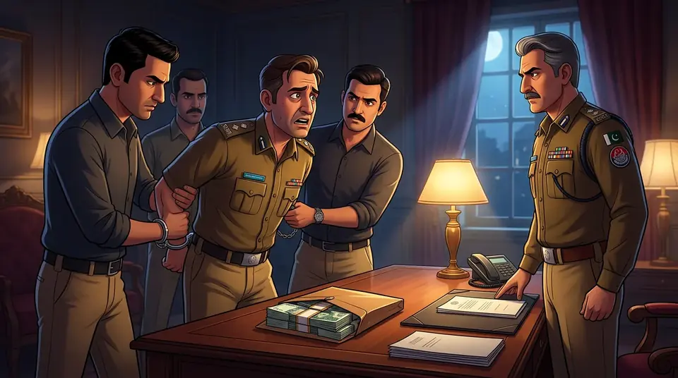 Animated editorial illustration for: Attock Jail Superintendent arrested for attempting to bribe IG Jails