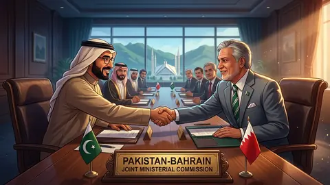 Animated editorial illustration for: Bahrain’s Foreign Minister arrives in Pakistan for Joint Ministerial Commission