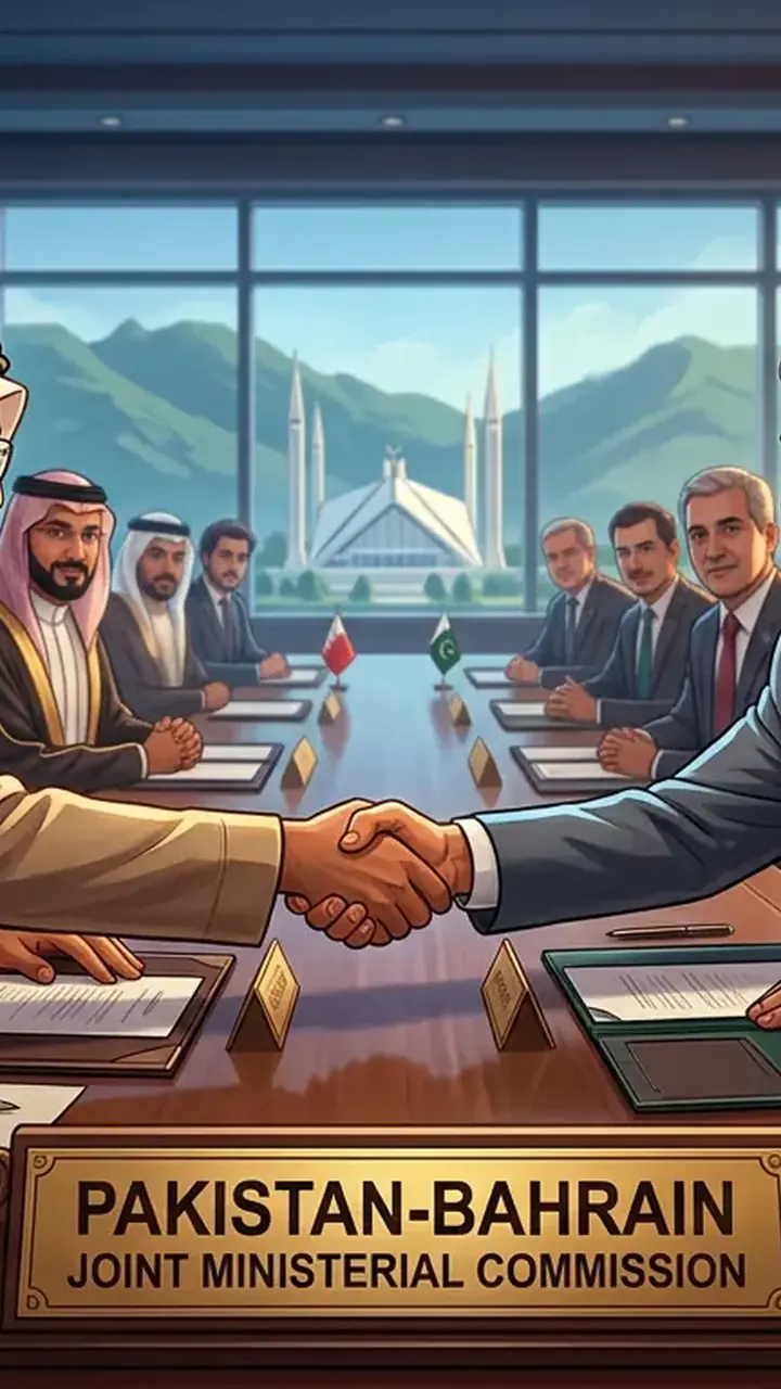 Animated editorial illustration for: Bahrain’s Foreign Minister arrives in Pakistan for Joint Ministerial Commission