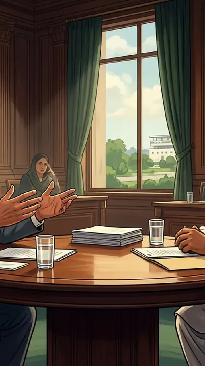Animated editorial illustration for: Barrister Gohar and Allama Raja Nasir Abbas discuss long march, political strategy