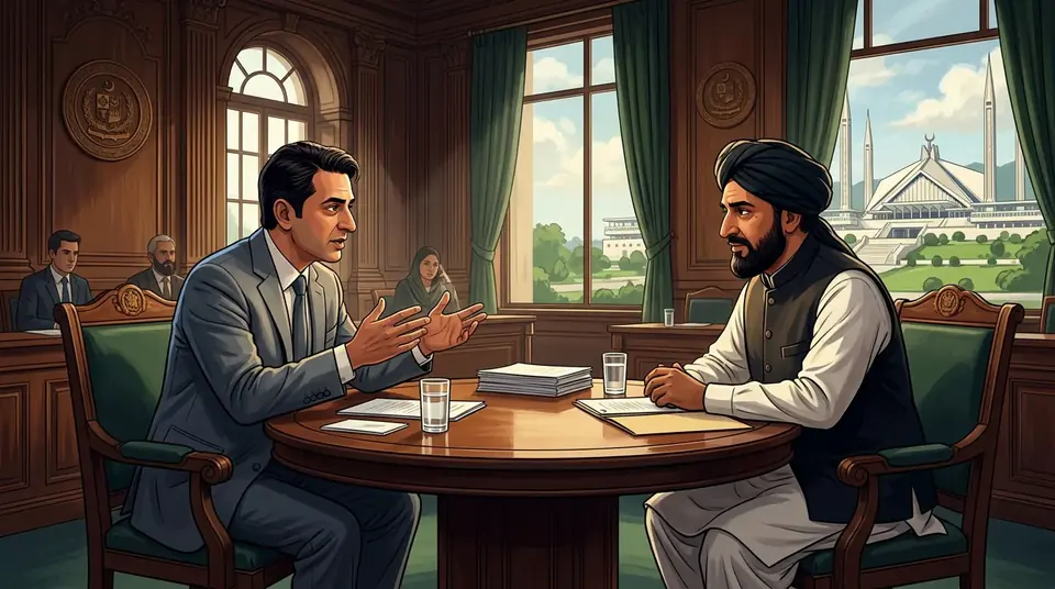 Animated editorial illustration for: Barrister Gohar and Allama Raja Nasir Abbas discuss long march, political strategy