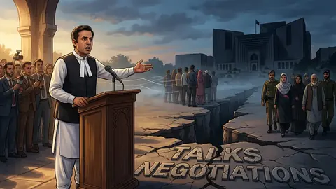 Animated editorial illustration for: Barrister Gohar Accuses Govt of Lacking Sincerity, Cites Arrests and Blocked Access to Khan
