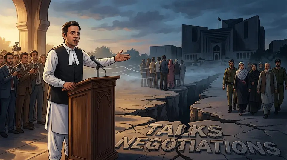 Animated editorial illustration for: Barrister Gohar Accuses Govt of Lacking Sincerity, Cites Arrests and Blocked Access to Khan