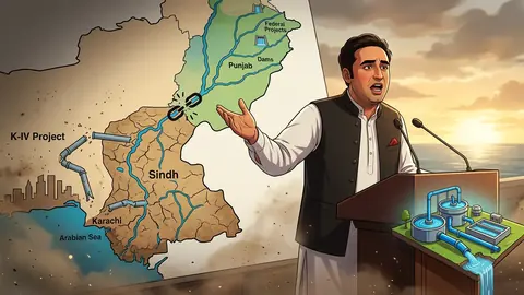 Animated editorial illustration for: Bilawal Bhutto Accuses Federal Government of Unfair Water Distribution to Sindh