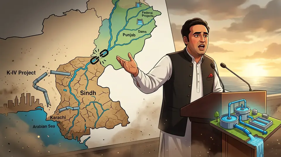 Animated editorial illustration for: Bilawal Bhutto Accuses Federal Government of Unfair Water Distribution to Sindh