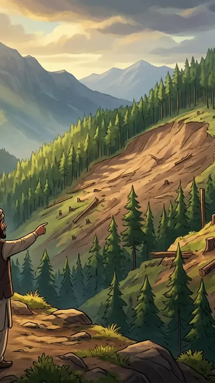 Animated editorial illustration for: Citizens raise alarm over illegal deforestation in Khyber Pakhtunkhwa