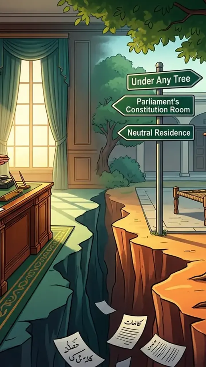 Animated editorial illustration for: Government and PTI Delegations to Meet in Speaker’s Office Friday